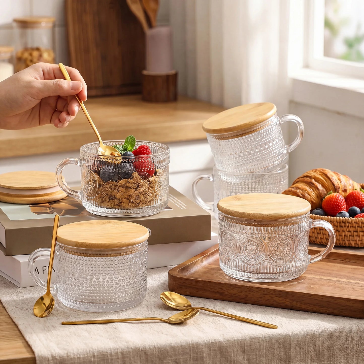14 OZ Glass Coffee Mugs Set, 4-Piece Vintage Embossed Cups with Bamboo Lids and Spoons for Coffee Oatmeal Yogurt