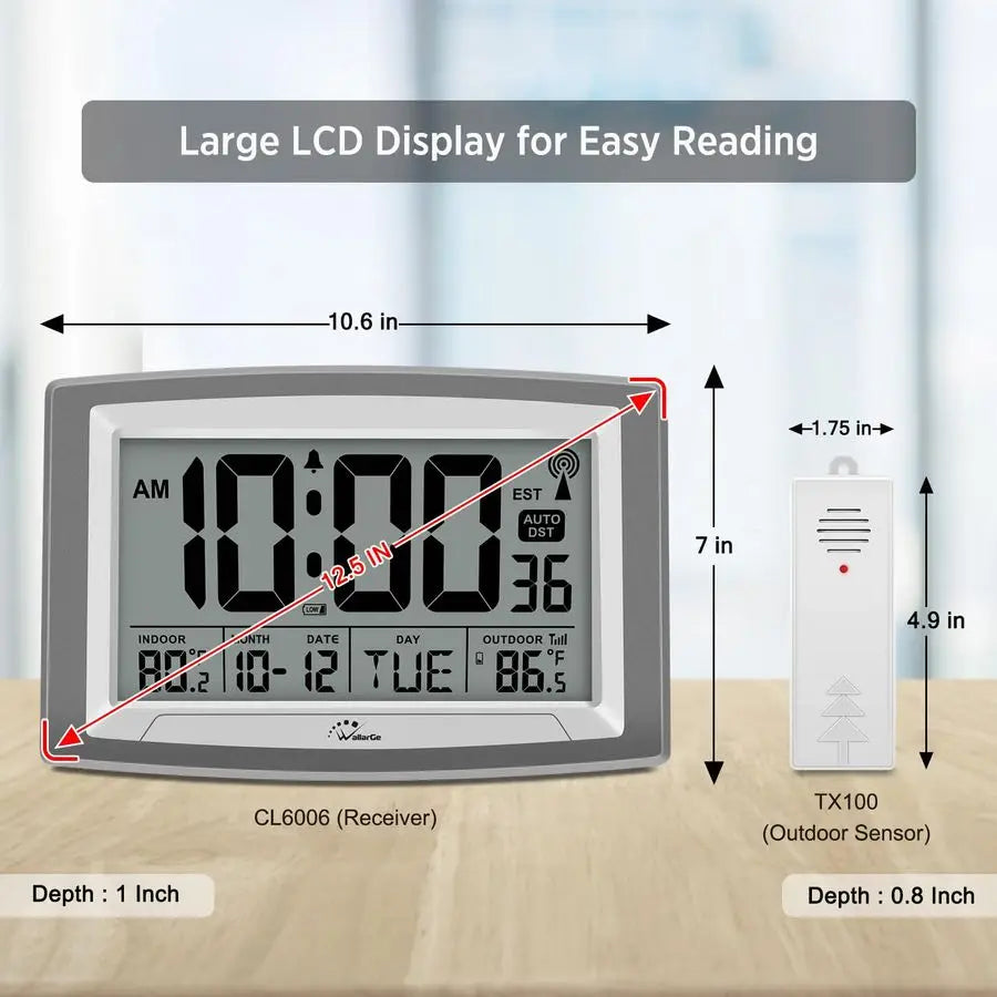 Atomic Wall Clock With Outdoor Indoor Temperature Large Display