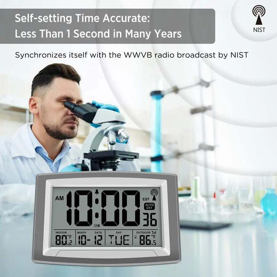 Atomic Wall Clock With Outdoor Indoor Temperature Large Display