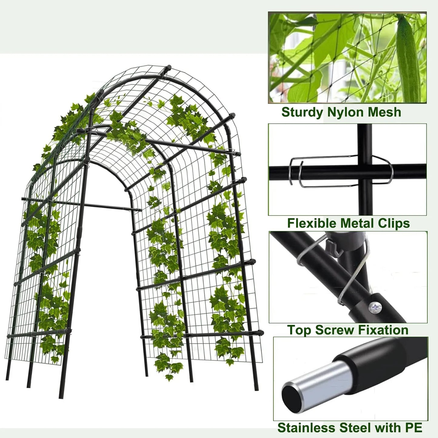 7FT Raised Bed Garden Arch Trellis, Heavy Duty Steel Cucumber Arbor With Bolt Assembly & Deep Stakes For Outdoor Vines & Plants
