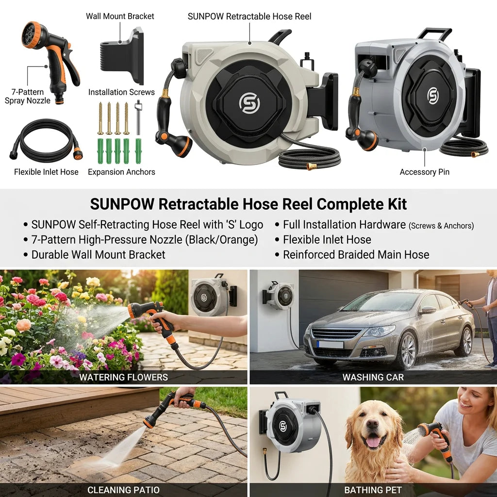 Sunpow Retractable Garden Hose Reel Wall Mount Auto Rewind