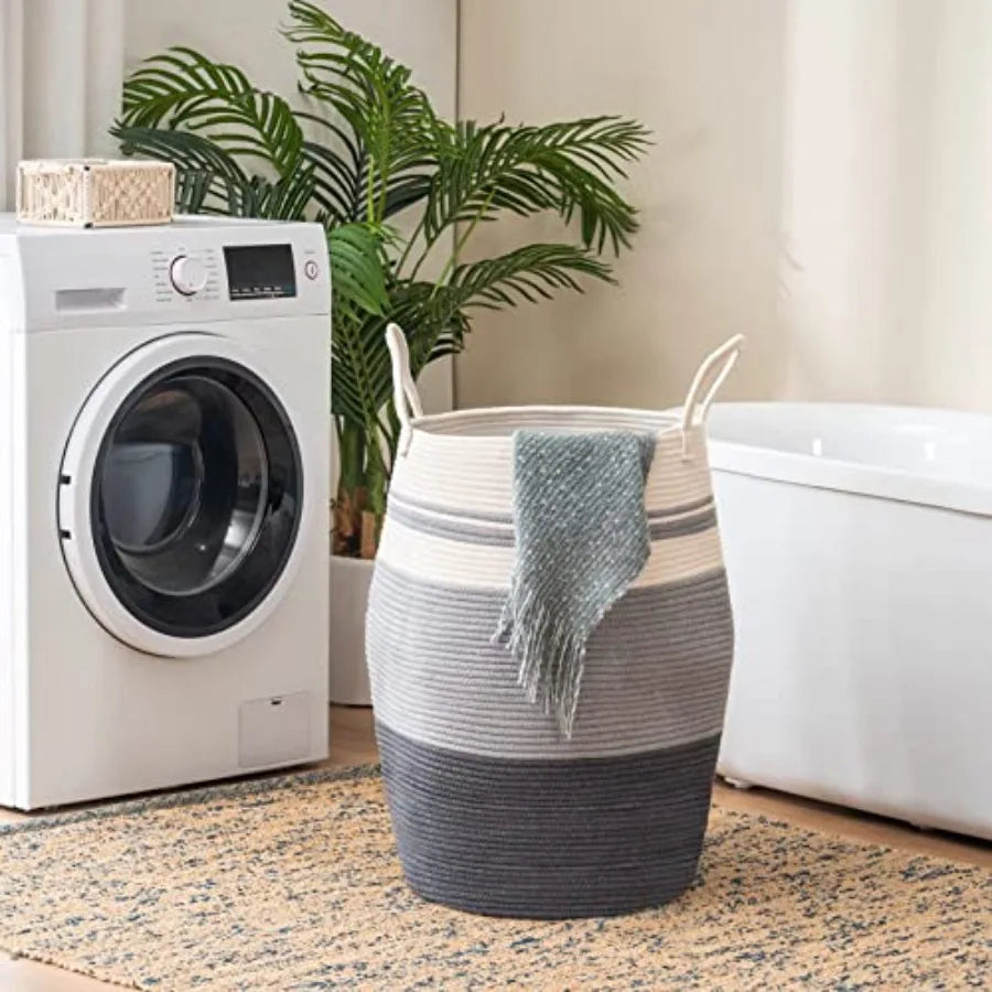 Cotton Rope Laundry Hamper by, 105L - Woven Collapsible Laundry Basket - Clothes Storage Basket for Blankets organizing, Bedroo