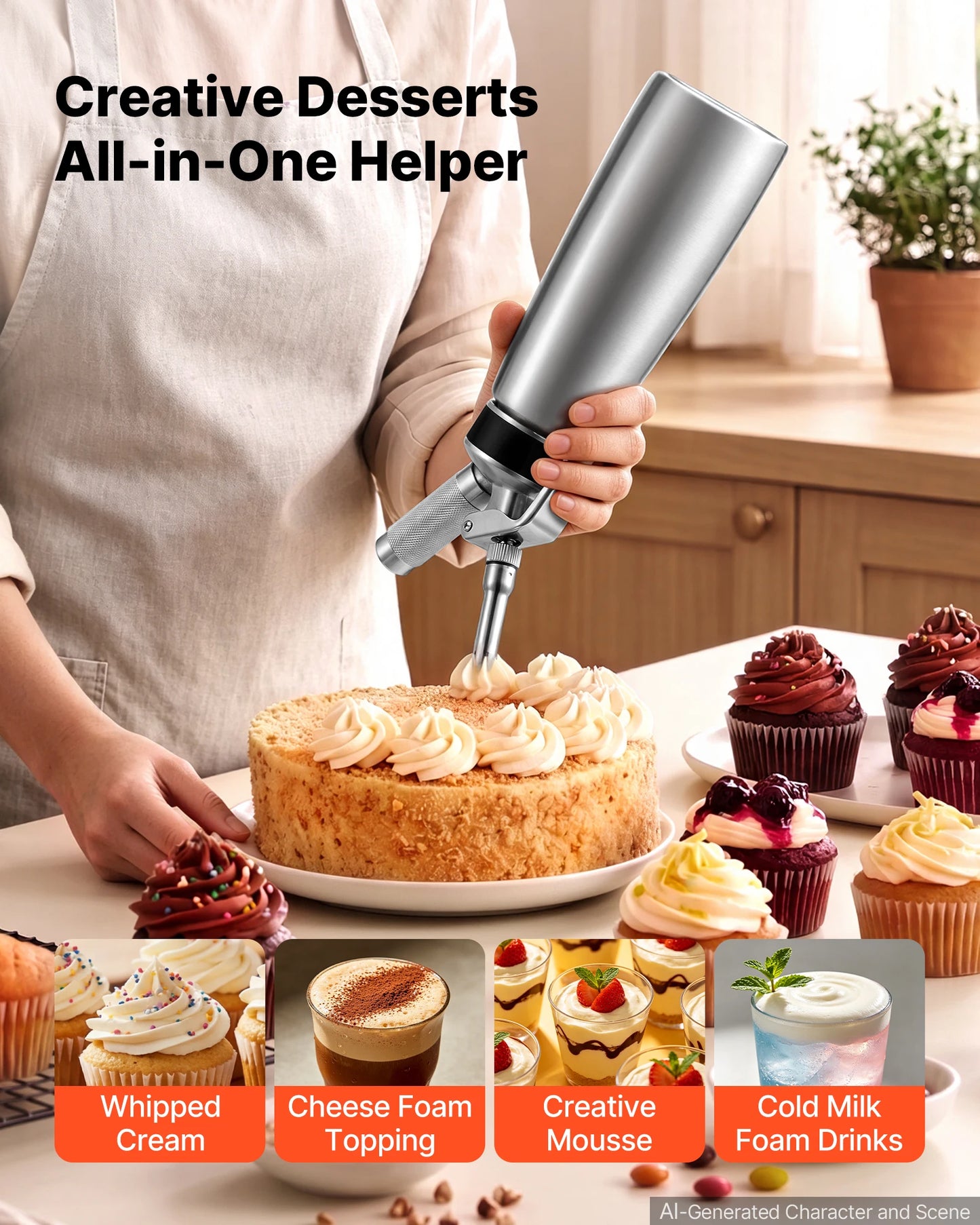 SucceBuy Professional 304 Stainless Steel Whipped Cream Dispenser 500/1000ml Leak-Free Cream Canister with 3 Decorating Nozzles