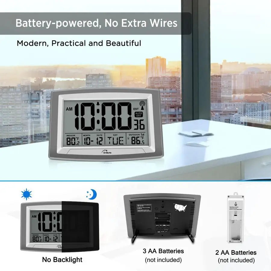 Atomic Wall Clock With Outdoor Indoor Temperature Large Display