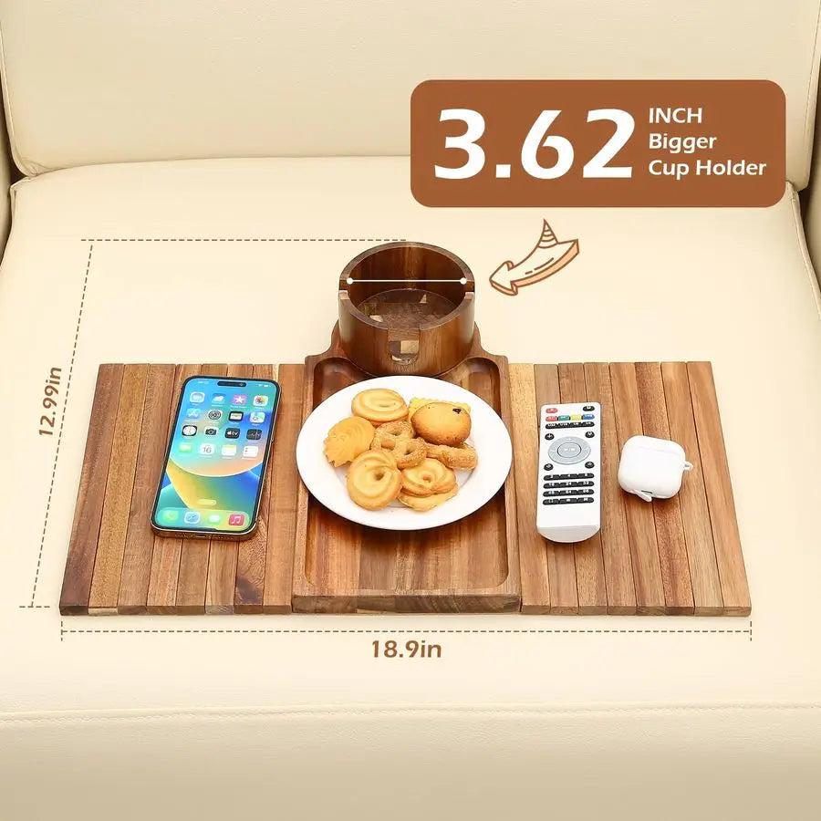 Cup Holder Tray, Acacia Wood Couch Armrest Table with 360 Ratated Phone Holder, 18.99 Flodable AntiSlip Sofa Armrest Tray Tables