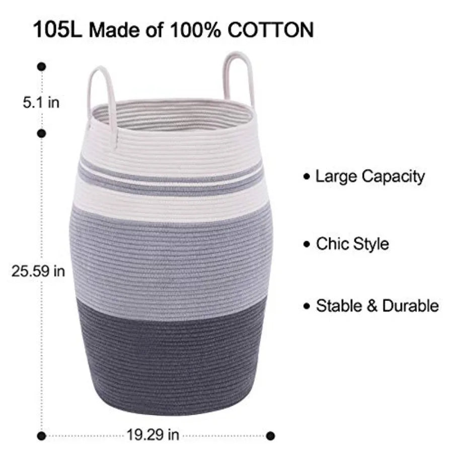 Cotton Rope Laundry Hamper by, 105L - Woven Collapsible Laundry Basket - Clothes Storage Basket for Blankets organizing, Bedroo