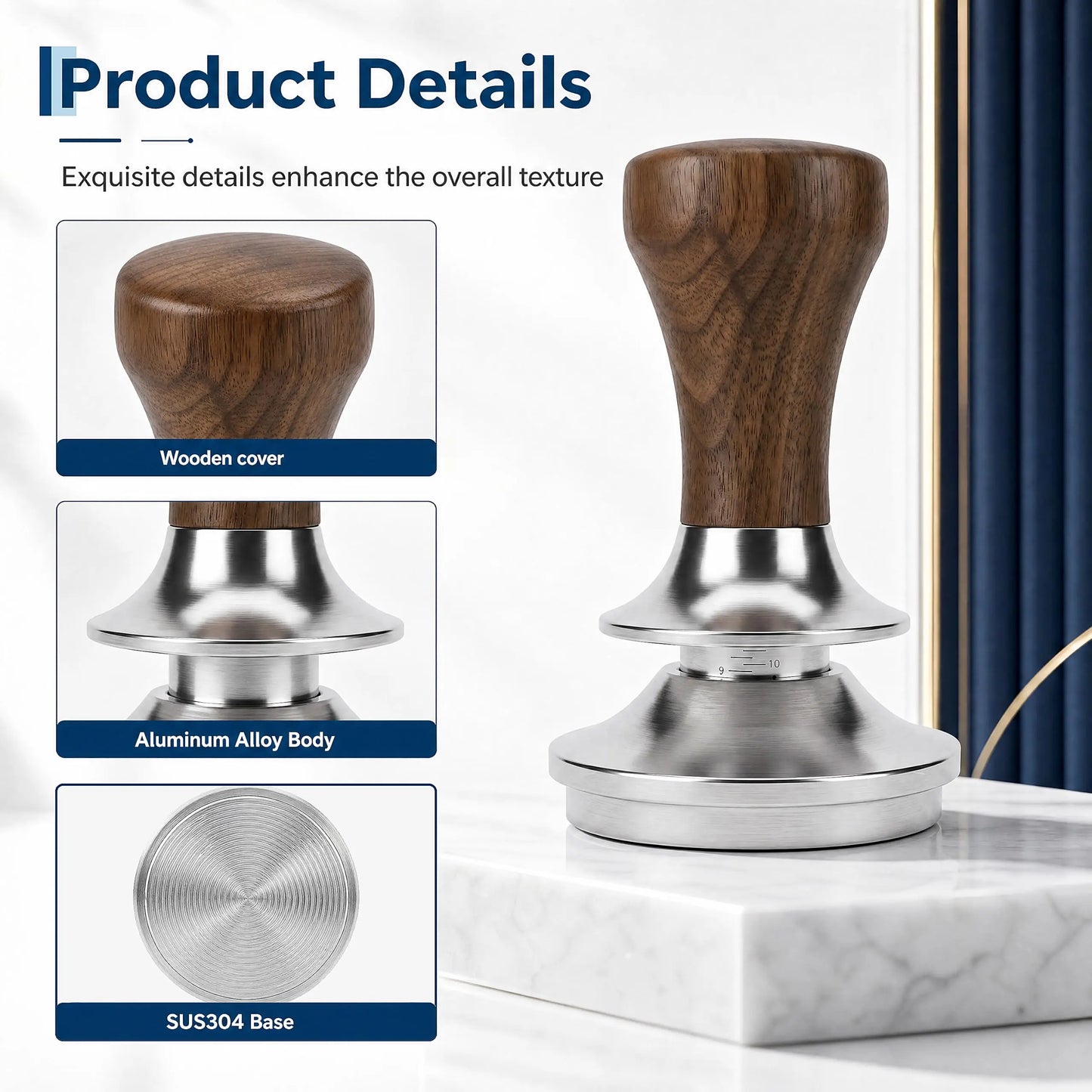 51mm 58mm Espresso Tamper with Wood handle & Ripple Base | Wood Handle, Ripple Base