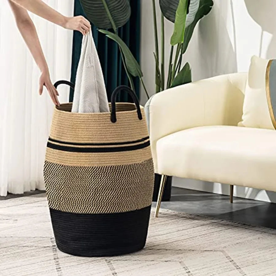 Rope Laundry Hamper by, 105L - Woven Collapsible Laundry Basket - Clothes Storage Basket for Blankets organizing, Bedroom Stora
