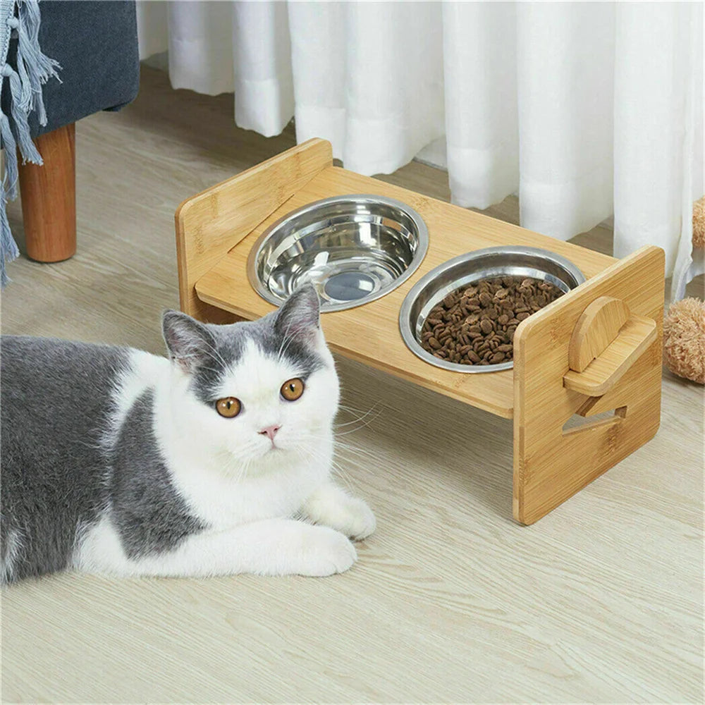Adjustable Bamboo Raised Dog Bowl Stand with Stainless Steel Bowls