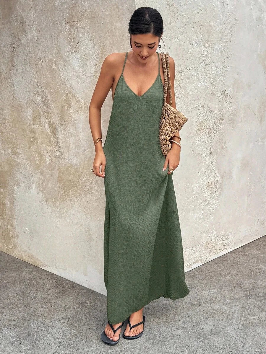 Chic Elegant Womens Ankle Length V Neck Polyester Dress