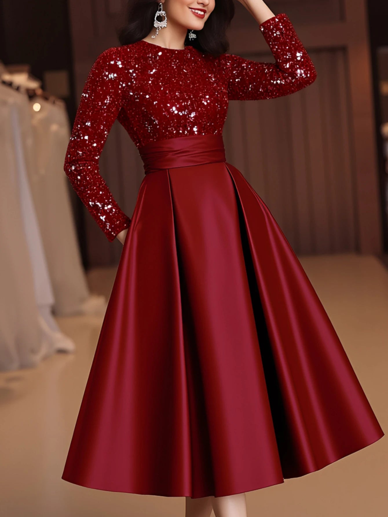 Women Sequin Patch Midi Dress With Long Sleeve Tie Waist