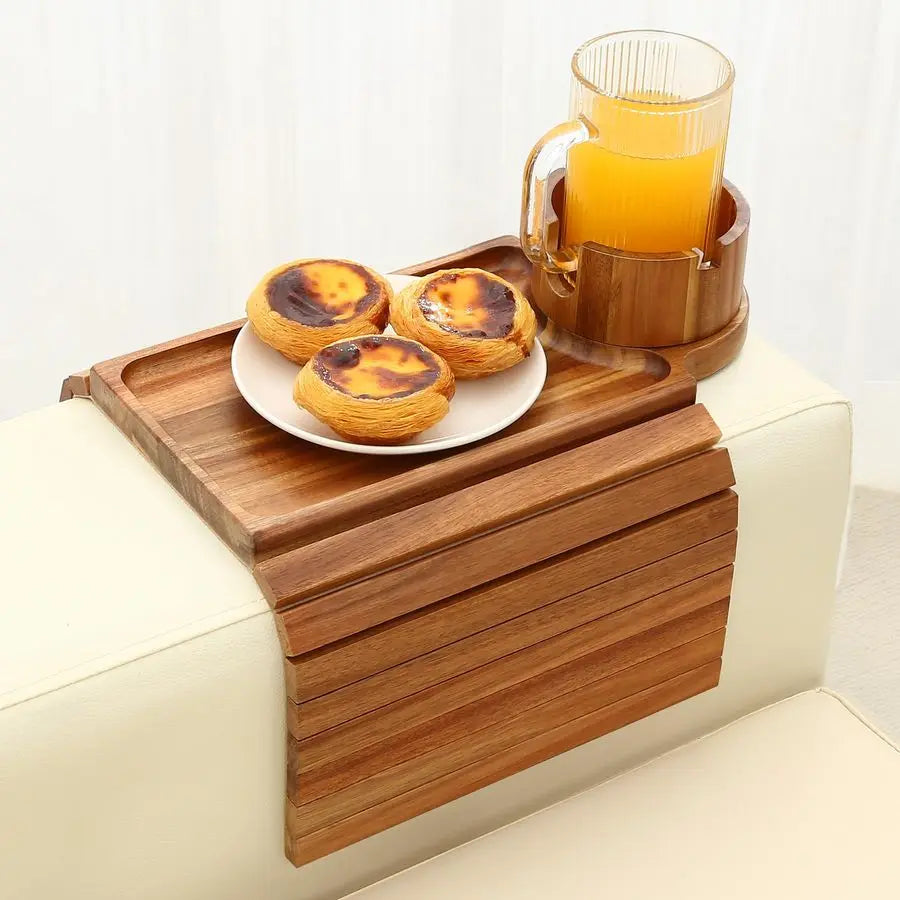 Cup Holder Tray, Acacia Wood Couch Armrest Table with 360 Ratated Phone Holder, 18.99 Flodable AntiSlip Sofa Armrest Tray Tables