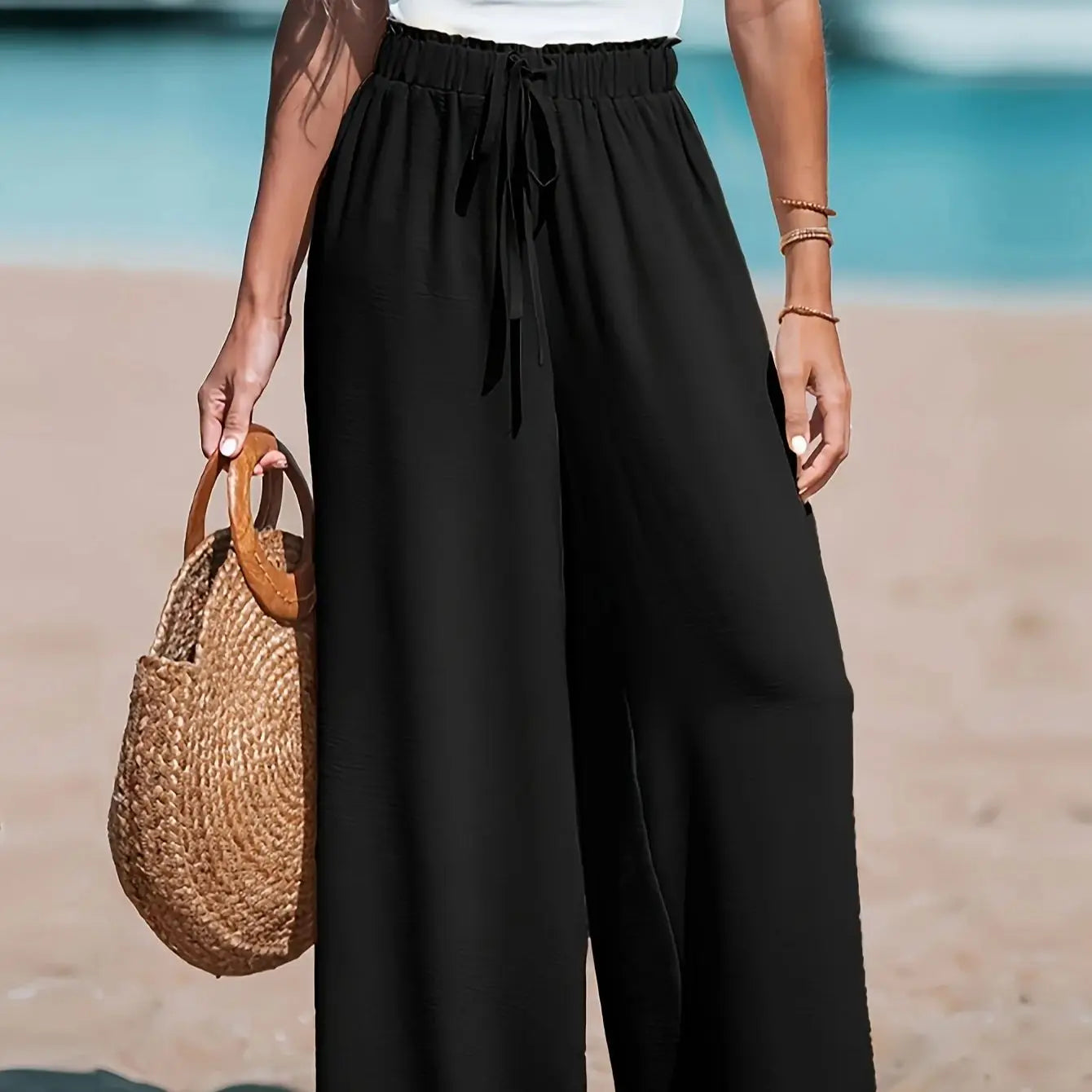 Casual Wide Leg Pants For Women With Pockets Elastic Waist