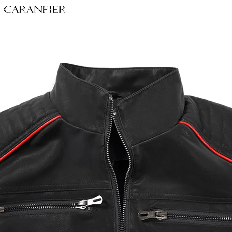 CARANFIER Mens Retro Faux Leather Motorcycle Biker Jacket