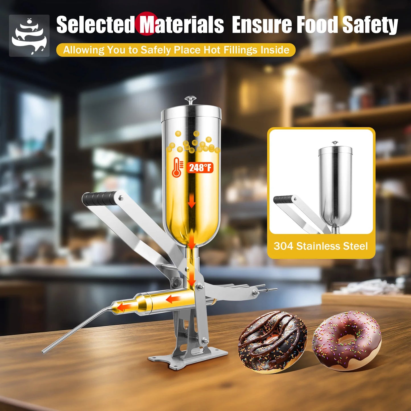 Manual Donut Filler, 5L 304 Stainless Steel Countertop Injector, 4 Interchangeable Nozzles Dustproof Hopper Cover Mountable Y Base Hand-operated Filling Machine For Bakery Cafe Dessert Shop Cream Jam Dispensing