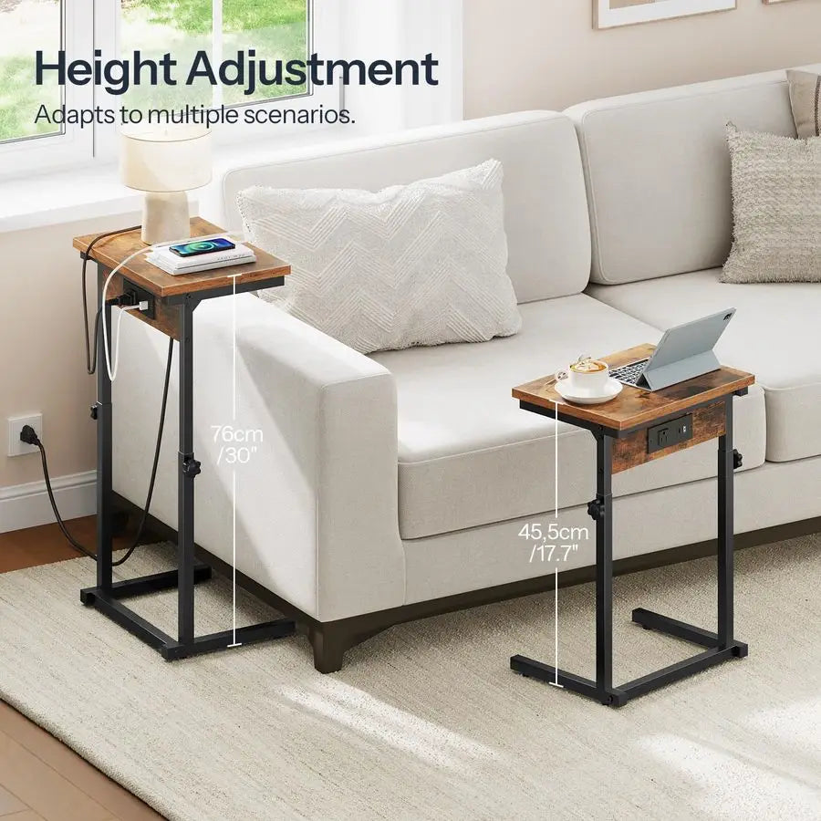 CShaped End Table with Charging Station, Adjustable Height Sofa Tray Arm Table, Slide Under Couch Table, Small C Side Table for