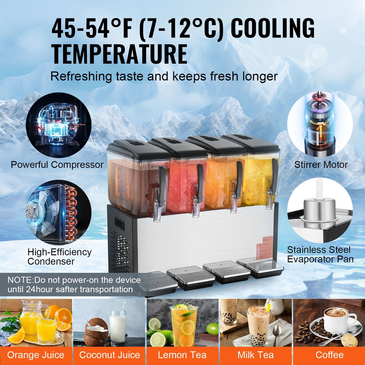 SucceBuy 4 Tanks Commercial Beverage Dispenser 10L/12L Per Tank Juice Dispenser Stainless Steel Ice Tea Drink Machine