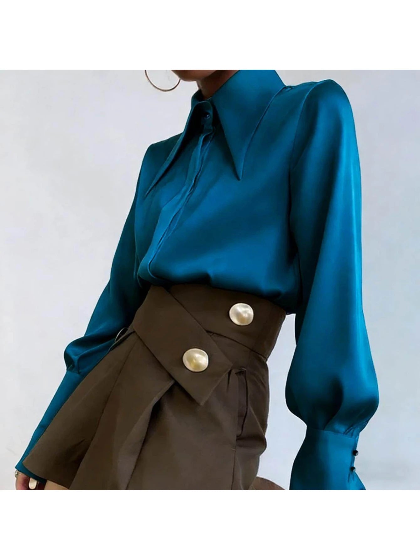 Women Elegant Sharp Point Collar Blouse Long Sleeve Button Office