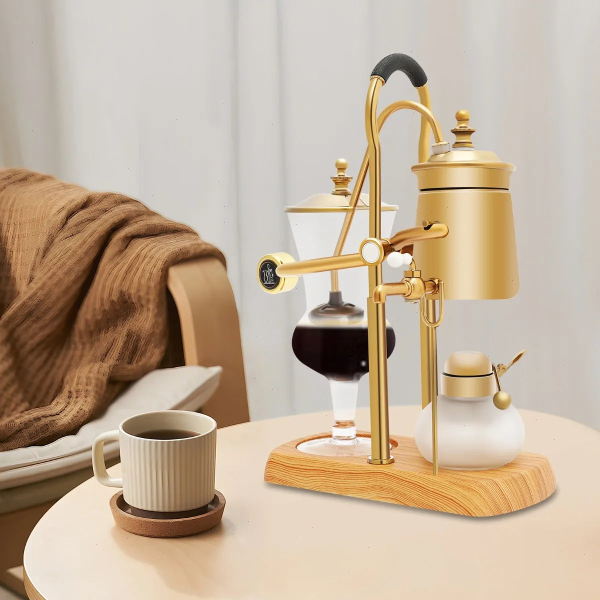Siphon Coffee Maker, Borosilicate Glass Coffee Pot, Gold Siphon Brewer, Heat Resistant, Stainless Steel Filter, Alcohol Burner Safety Lid, Coffee Brewing Set with Tap, Measuring Cup, Spoon