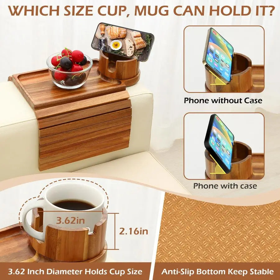 Cup Holder Tray, Acacia Wood Couch Armrest Table with 360 Ratated Phone Holder, 18.99 Flodable AntiSlip Sofa Armrest Tray Tables