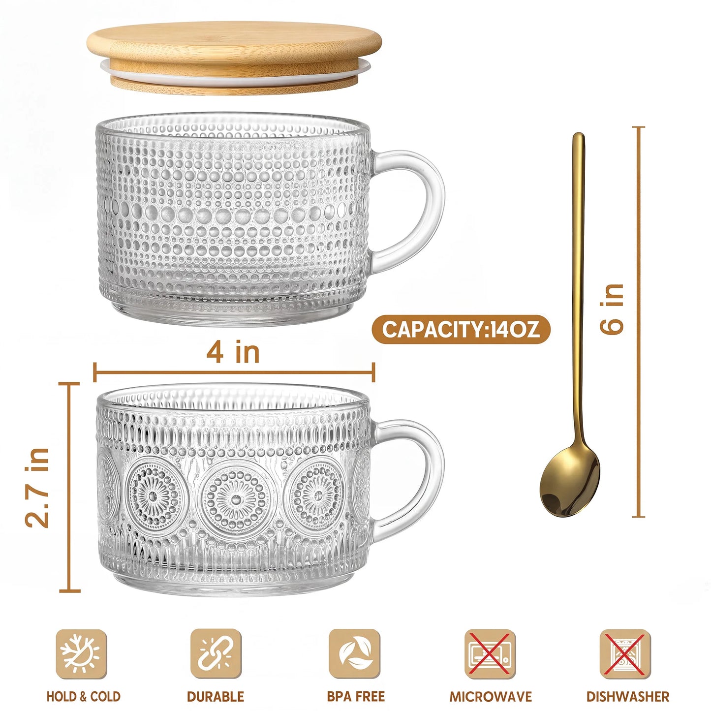 14 OZ Glass Coffee Mugs Set, 4-Piece Vintage Embossed Cups with Bamboo Lids and Spoons for Coffee Oatmeal Yogurt