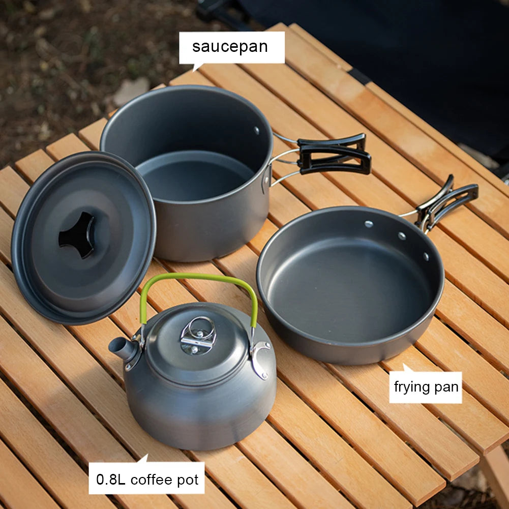 APWIKOGER Camping Cookware Set 3 Pcs Pot Pan Kettle With Mesh Bag