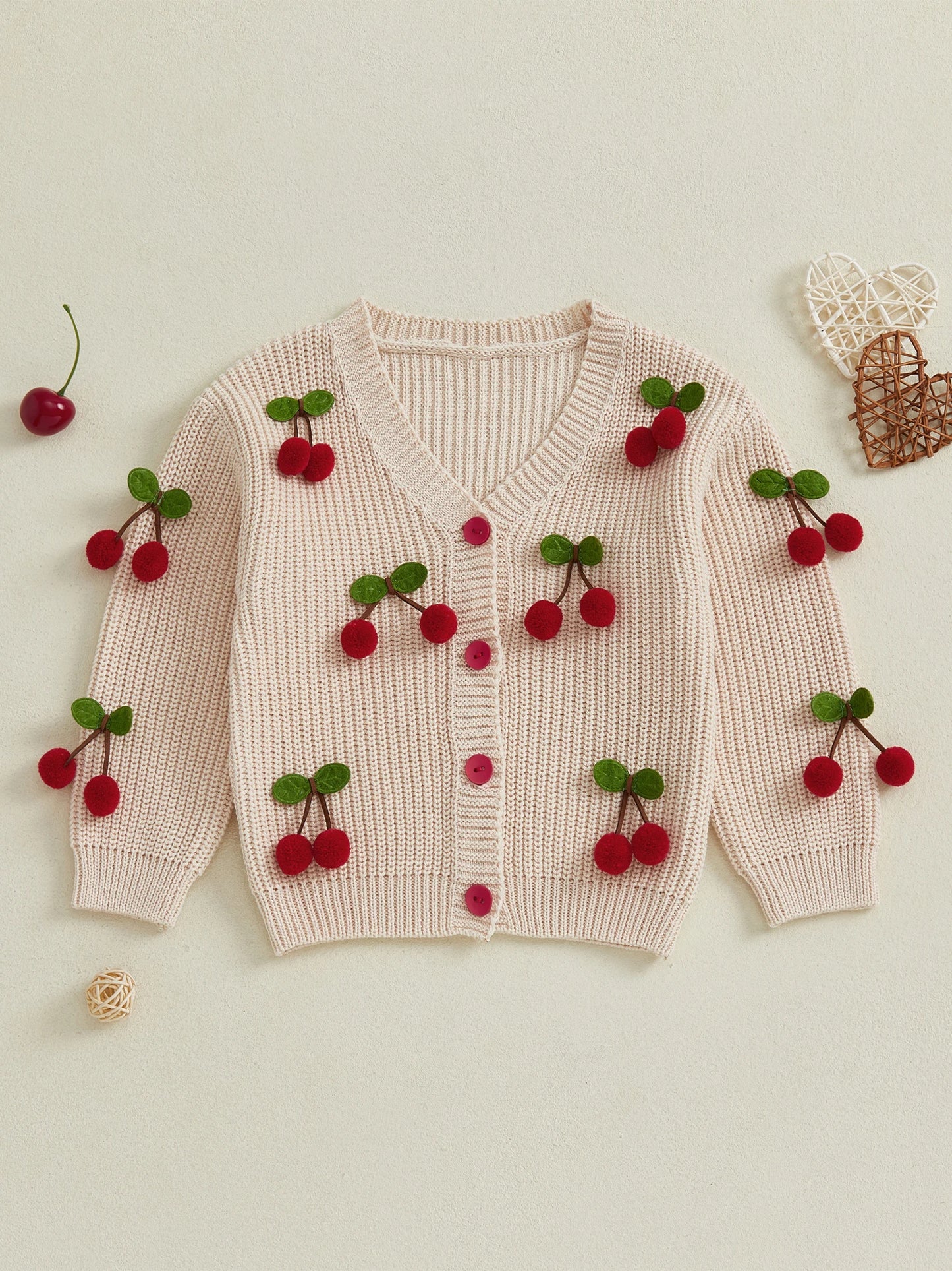 Girls Knit Cardigan Sweater V Neck Button Up Cherry Embellishments