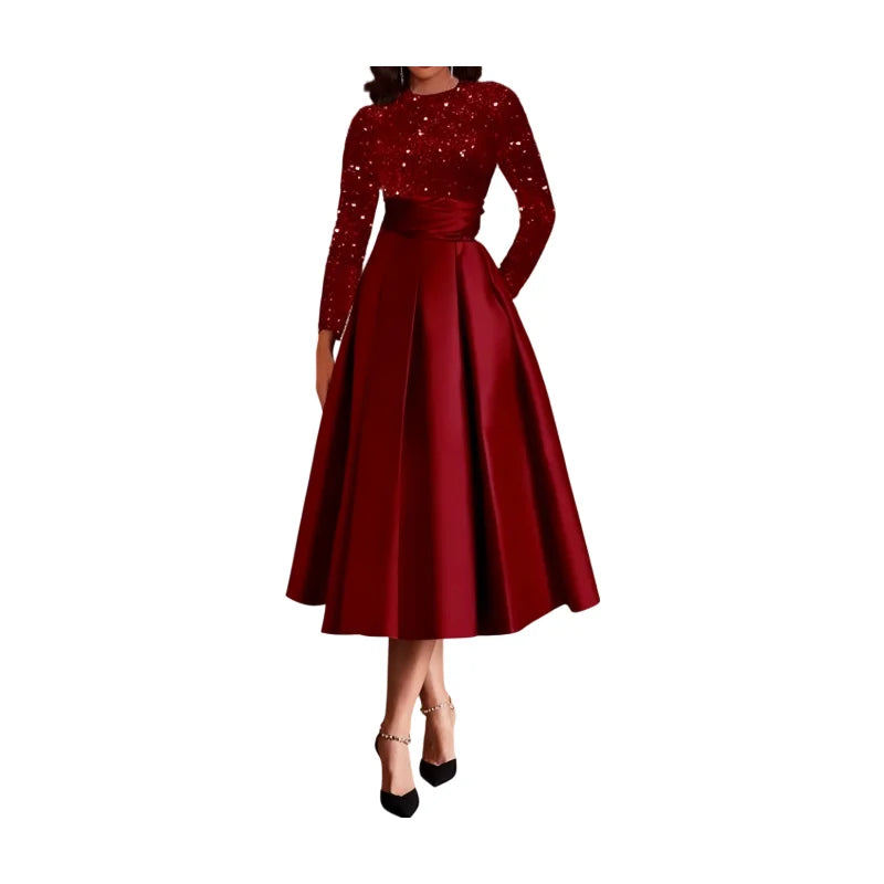 Women Sequin Patch Midi Dress With Long Sleeve Tie Waist