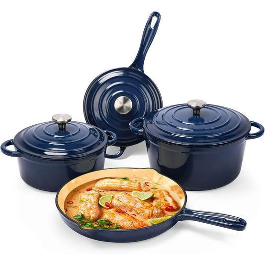 Enameled Cast Iron Cookware Set 7 Piece Ceramic Coated Dutch Ovens Skillet Sauce Pan