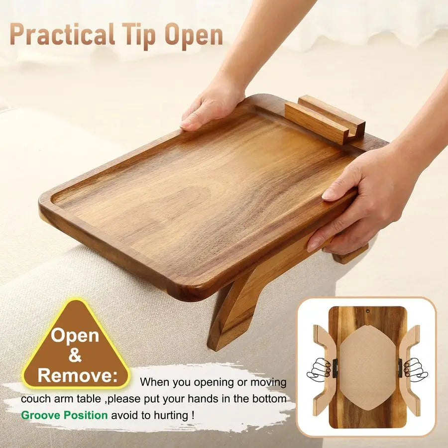 Couch Arm Table, Acacia Wood Sofa Arm Rest Tables Couch Armrest Table with 360 Phone Holder,Portable Sofa Armrest Tray for Drink
